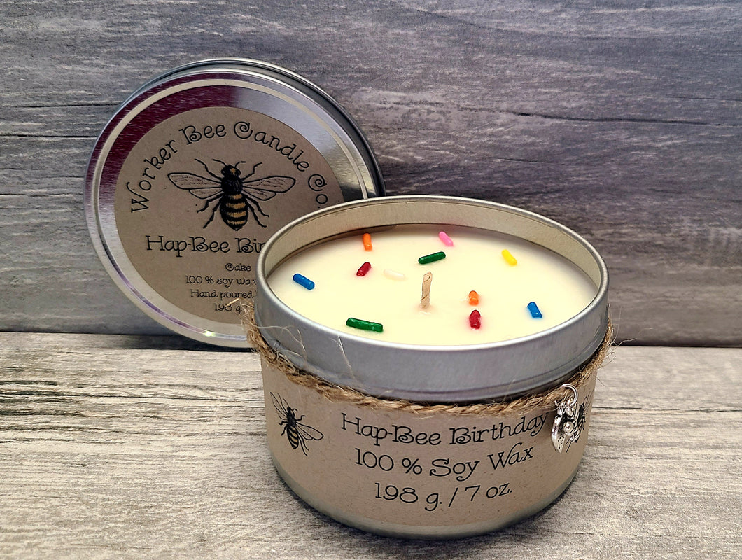 7 oz. Travel Tin 100% Soy Candle Hap-Bee Birthday Cake